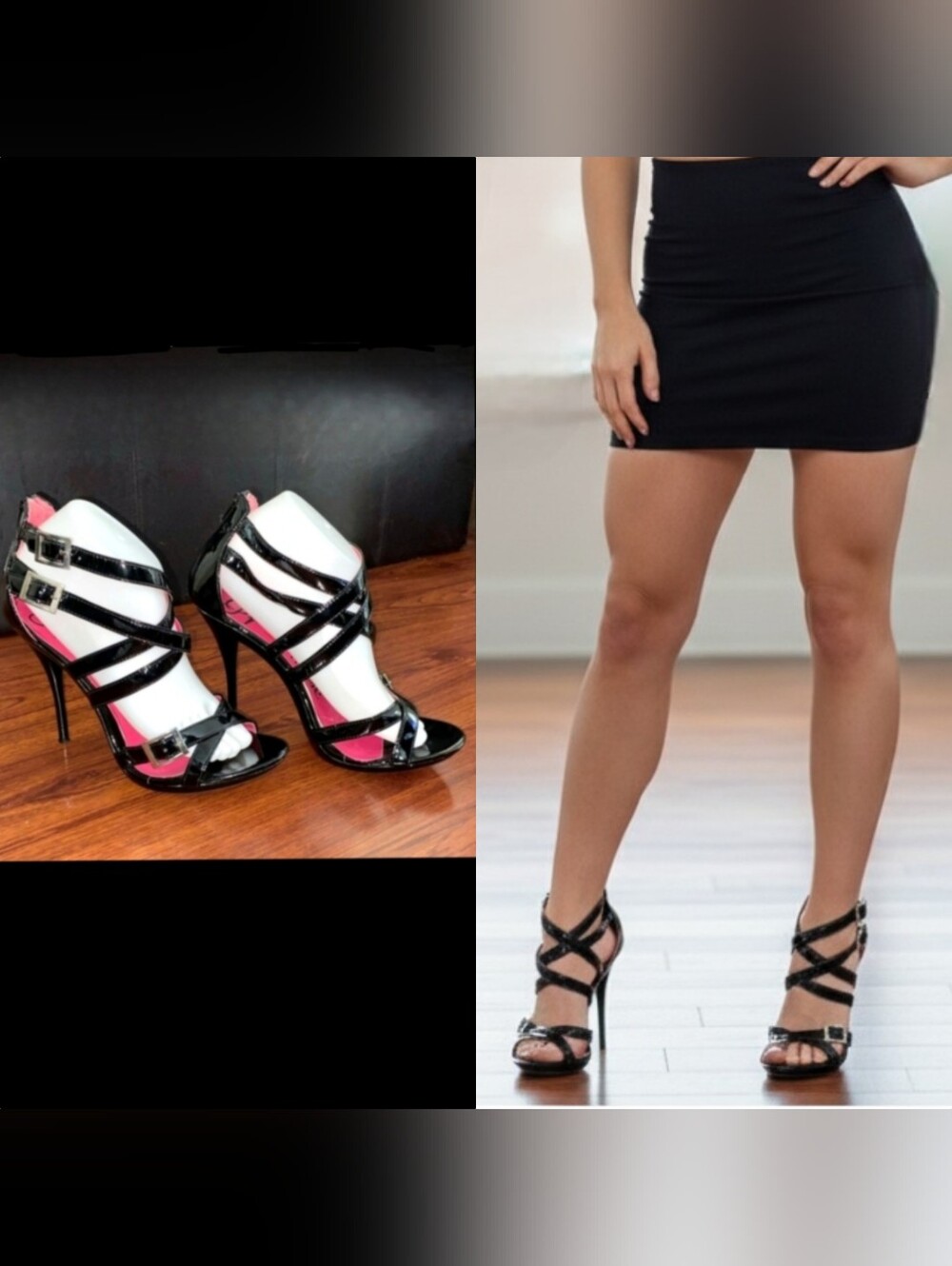 Promise patent black criss cross ankle buckle strappy 4" stiletto heels 9.5 NWOT